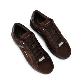 Carvela brown suede lace-up trainers with gold-tone metal bar detail and dark rubber sole, overhead view