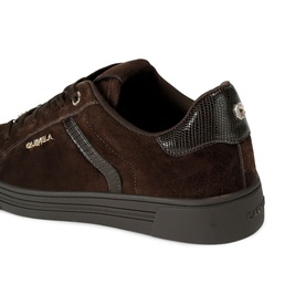 Carvela brown suede lace-up trainer with reptile-embossed leather heel panel and dark rubber sole