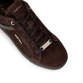 Carvela brown suede lace-up trainer with contrast stripe detail and gold-tone branded tab, dark rubber sole.