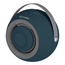 Dimplex Desk Friend Desk Fan Heater in blue, compact circular design with grey speaker grille and carry handle