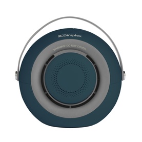 Dimplex Desk Friend Desk Fan Heater in blue, circular design with grey speaker grille and silver carry handle, top-down view.