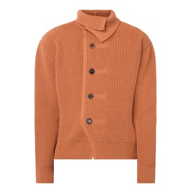 Dries Van Noten Marino Rib-Knit Cardigan in Ocra, funnel neck, front button fastening, ribbed wool knit construction