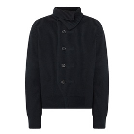 Dries Van Noten black wool cardigan with ribbed knit texture, shawl collar, and button-front fastening