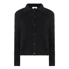 Dries Van Noten Mora Brushed Knitted Cardigan in black, polo collar, front button fastening, ribbed trims, brushed alpaca finish