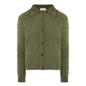 Dries Van Noten Mora Brushed Knitted Cardigan in Forest Green with polo collar, front button fastening, and ribbed trims