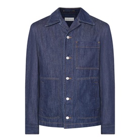 Dries Van Noten indigo denim casual jacket with camp collar, button front, and contrast stitching chest pockets