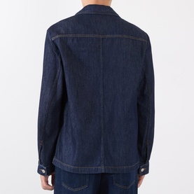 Dries Van Noten indigo denim casual jacket, back view, contrast stitching, button cuffs, relaxed fit in 100% cotton