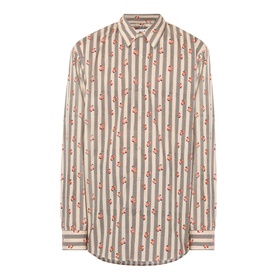 Dries Van Noten Caper Printed Shirt in beige with vertical stripes, red floral detailing, point collar, long sleeves, and front button fastening