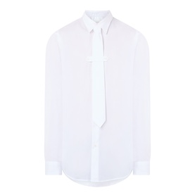 Dries Van Noten white cotton casual shirt with attached tie detail, button-down collar and single cuffs