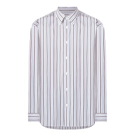 Dries Van Noten Croom Striped Shirt in white cotton with navy stripes, point collar, long sleeves, buttoned cuffs, and curved hem