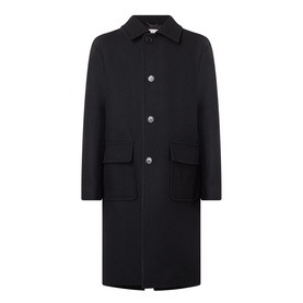 Dries Van Noten Randale Single-Breasted Car Coat in black wool, flat collar, silver buttons, flap pockets, longline silhouette