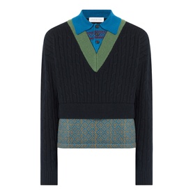 Dries Van Noten black cable-knit wool sweater with teal polo collar, green V-neck panel and checked hem detail