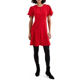 Model wearing Phase Eight red short flutter-sleeve fit-and-flare mini dress, styled with black opaque tights and heeled ankle boots