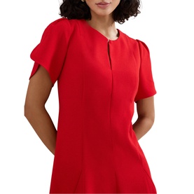 Model wearing Phase Eight red short-sleeve dress with keyhole neckline, tulip sleeves and fitted bodice