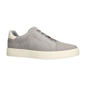 Cole Haan grey nubuck leather low-top trainer with lace-up front, off-white chunky sole, and tonal heel tab