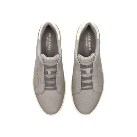 Cole Haan grey suede low-top trainers, flat lay top view, grey laces and off-white rubber sole