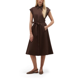 Model wearing Hobbs alder brown sleeveless shirt dress with tie waist and full skirt, styled with tan flat loafers