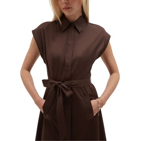 Model wearing Hobbs alder brown sleeveless shirt dress with tie waist belt and classic collar