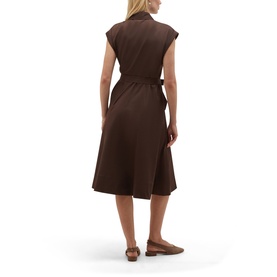 Model wearing Hobbs alder brown midi dress with tie waist, shown from behind, styled with tan flat shoes