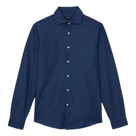 Reiss dark blue wash denim shirt with spread collar, long sleeves, and white button placket, flat lay product shot.