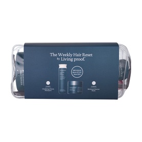 Living Proof The Weekly Hair Reset hair care set in clear zip pouch, featuring shampoo, conditioner and mask in navy packaging