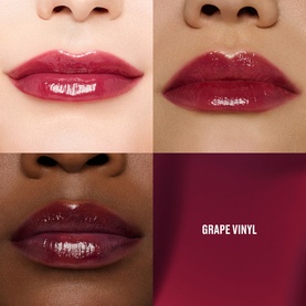MAC lip tint in Posh Pit shade shown across three models with varying skin tones, plus Grape Vinyl shade swatch panel