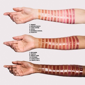 MAC lip colour swatches on three arms showing shade range including Posh Pit, from nude pinks to deep berry tones