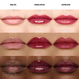 MAC Lust(re)glass Stainglaze Lip Tint in Posh Pit shown in three stages: bare lips, freshly applied, and lasting stain across three skin tones.