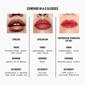 MAC Lustreglass Stainglass Lip Tint comparison chart showing Lipglass, Lipglass Air and Lustreglass finishes with lip swatches and key benefits.