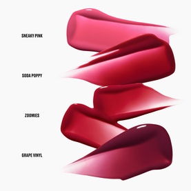MAC lip tint shades swatched in four colours: Sneaky Pink, Soda Poppy, Zoomies and Grape Vinyl, ranging from soft pink to deep berry