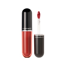 MAC Retro Matte Liquid Lip Colour in Business Casual, warm red shade, 3ml liquid lipstick with doe-foot applicator shown open