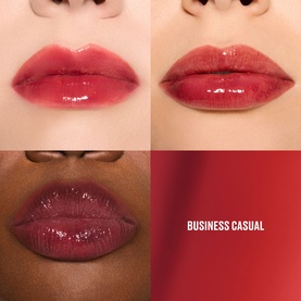 MAC Lip Tint in Business Casual shade shown across three models with varying skin tones, displaying a glossy deep red-berry finish