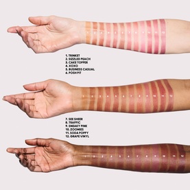 MAC Lip Tint swatch comparisons across three arms in light, medium, and deep skin tones, showing 12 shades including Business Casual