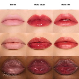 MAC Lustreglass Sheer-Shine Lip Tint in Business Casual shown across three lip swatches: bare, freshly applied, and lasting stain
