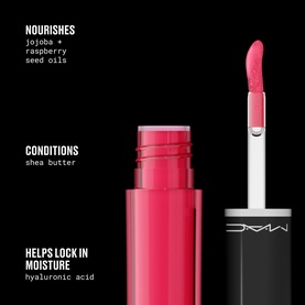 MAC Lip Tint in Business Casual, open hot pink gloss wand applicator, with nourishing ingredients callouts on black background