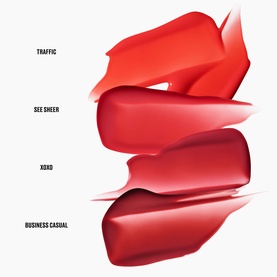 MAC lip tint shade swatches showing Traffic, See Sheer, XOXO and Business Casual in red to deep berry tones