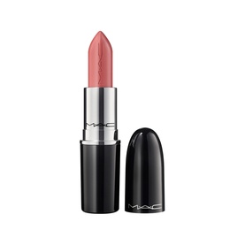 MAC Lustreglass Lipstick in $ellout, a warm rosy-nude shade, in black and silver bullet packaging with cap beside