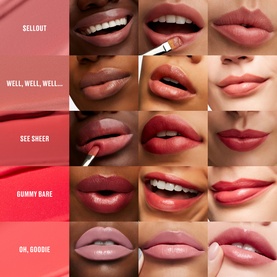 MAC lipstick shade swatches on diverse lip close-ups including $ellout, Well Well Well, See Sheer, Gummy Bare and Oh Goodie