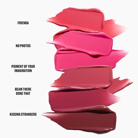 MAC lipstick swatches in five shades: Frienda, No Photos, Pigment of Your Imagination, Beam There Done That, and Kissing Strangers