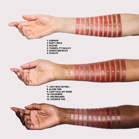 MAC lipstick swatches in 12 shades shown across three arm skin tones, including Alone Time, ranging from nude-pink to deep berry