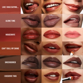 MAC lipstick shade swatch grid showing six shades across diverse skin tones, including Alone Time, a warm nude-brown, alongside five other shades.