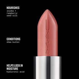 MAC Lipstick in Alone Time, 3.5g &ndash; muted rose bullet shown upright with key benefits: nourishes, conditions, locks in moisture