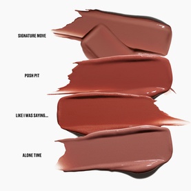 MAC Lipstick shade swatches in Signature Move, Posh Pit, Like I Was Saying, and Alone Time, showing four neutral to warm-toned pinks and browns
