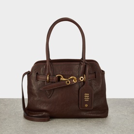 Miu Miu Aventure Aviator Medium Bag in Radica leather, gold-tone clasp and belt embellishment, top handles and detachable crossbody strap