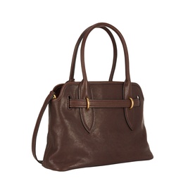 Miu Miu Aventure Aviator Medium Bag in Radica brown leather with dual top handles, belt clasp detail, and gold-tone hardware