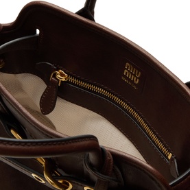 Miu Miu Aventure Aviator Medium Bag in Radica leather, interior view showing canvas lining, zip pocket and gold-tone hardware detail