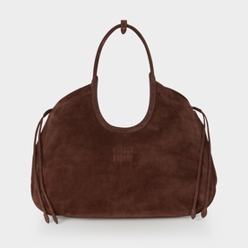 Miu Miu Moro suede calf leather tote bag with top handle, silver ring detail and side drawstring ties