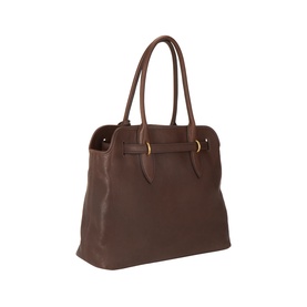 Miu Miu lambskin tote in Radica brown with twin top handles and gold-tone hardware, angled side view