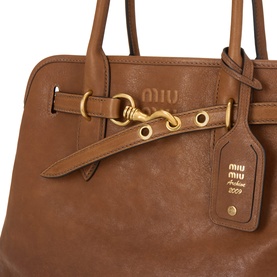 Miu Miu Rovere lambskin tote bag, tan leather with gold-tone hardware, belt detail, and branded luggage tag