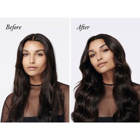 Before and after shot showing model with sleek straight hair transforming to voluminous glossy waves using Oribe Gold Lust Dry Heat Protection Spray